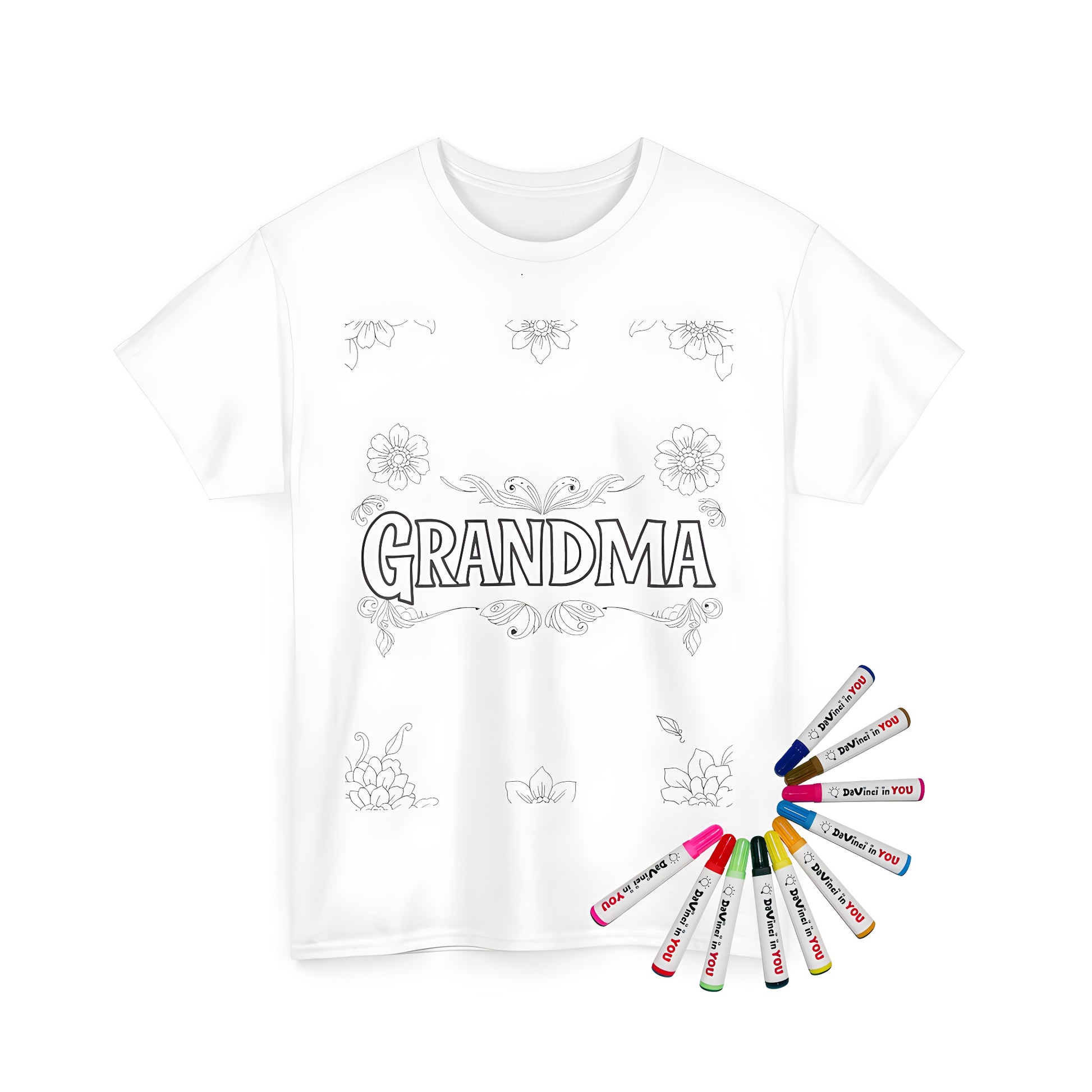 Unisex t-shirt featuring a coloring page design of a grandmotherly figure surrounded by floral patterns