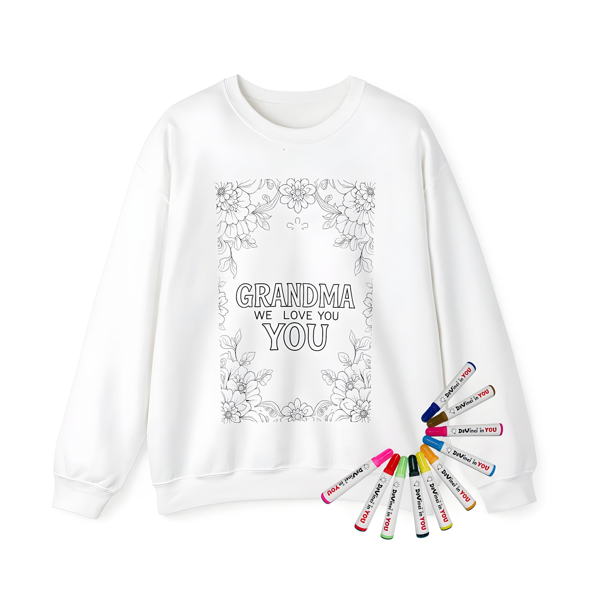 Adult sweatshirt coloring kit with grandma themed fabric markers and adult graphic t-shirt