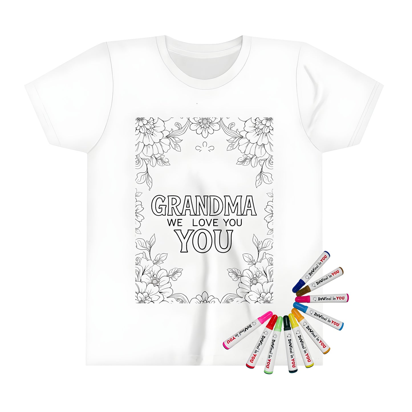 Coloring t-shirt for kids with Grandma design, featuring floral border and 'GRANDMA WE LOVE YOU' text