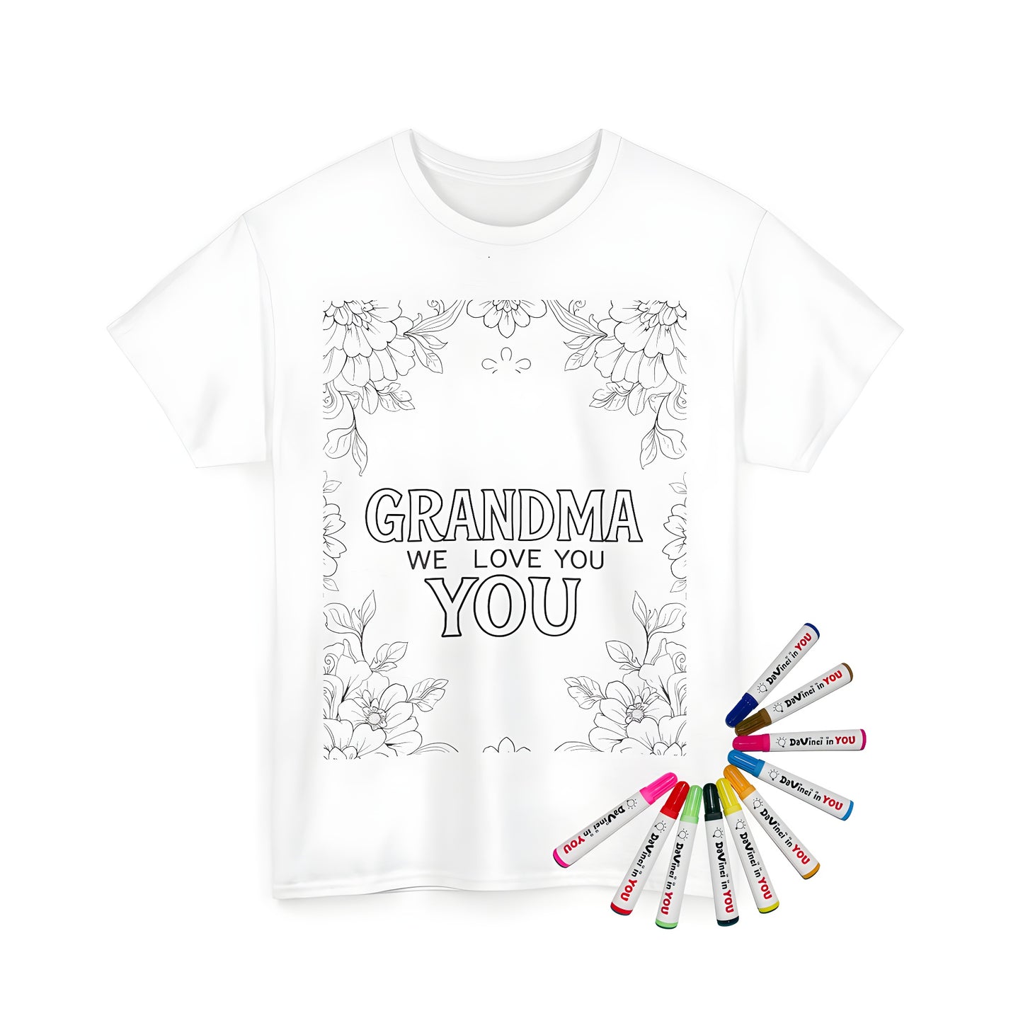 Unisex T-shirt coloring kit design for grandma with floral border and 'GRANDMA WE LOVE YOU' text