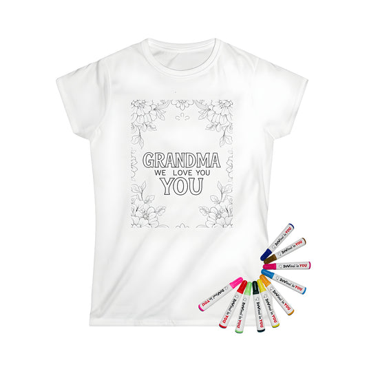 Cozy Women's T-Shirt with Grandma-themed design featuring floral border and 'GRANDMA WE LOVE YOU' in the center. Perfect for grandmas, nannies, or mothers-in-law.