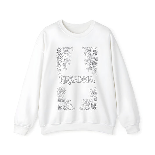 Adult sweatshirt with grandma design, featuring intricate floral patterns and detailed illustrations