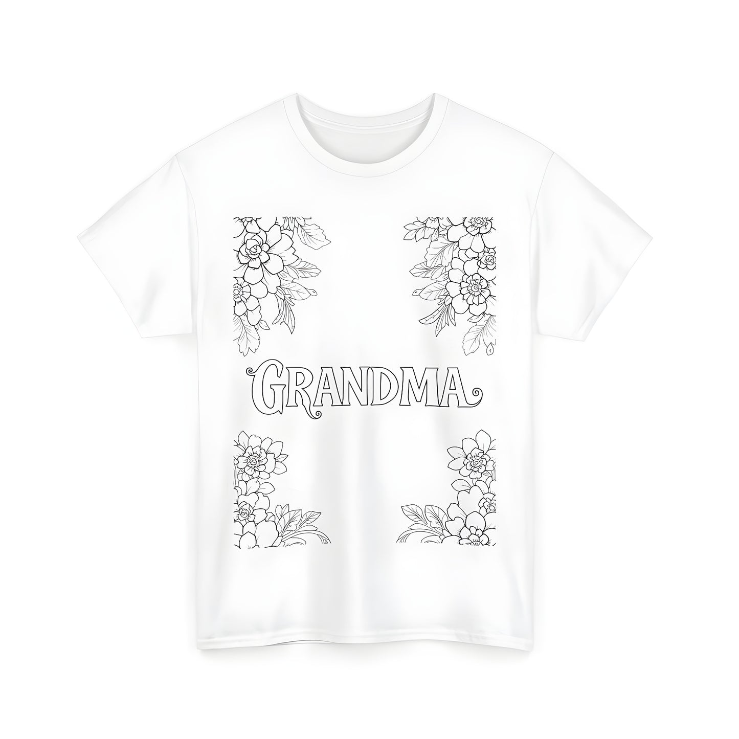 Unisex t-shirt with detailed coloring page design featuring grandma, mom, mum, granny, nana, and momma surrounded by flowers and leaves