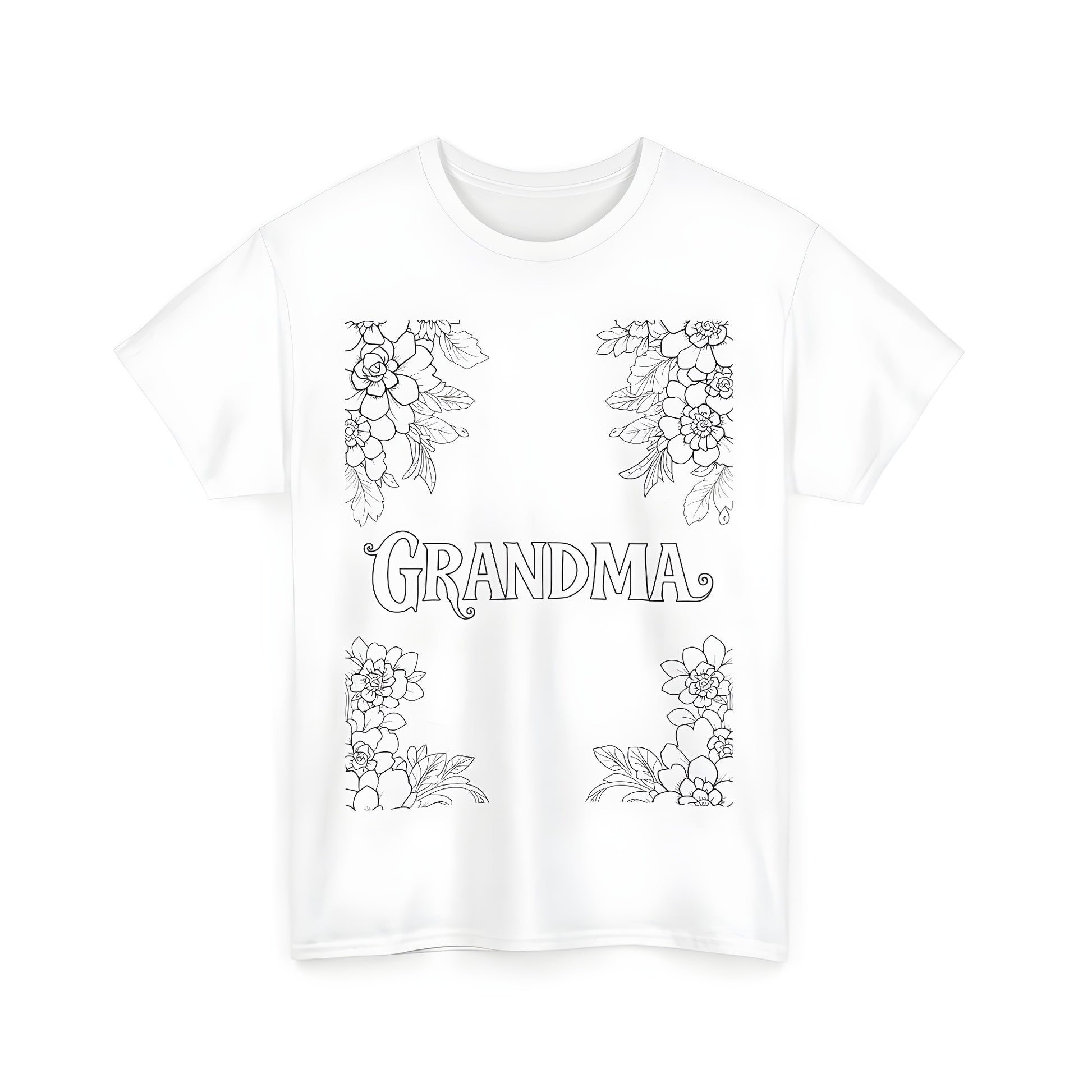 Unisex t-shirt with detailed coloring page design featuring grandma, mom, mum, granny, nana, and momma surrounded by flowers and leaves