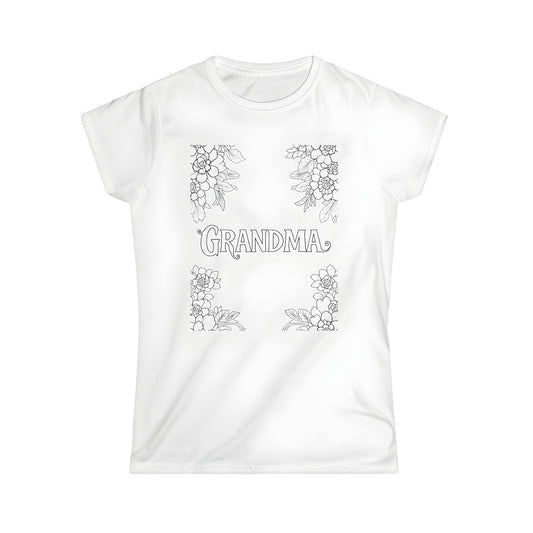 Women's t-shirt with intricate coloring page design featuring grandma, mom, nana, granny words surrounded by flowers and leaves