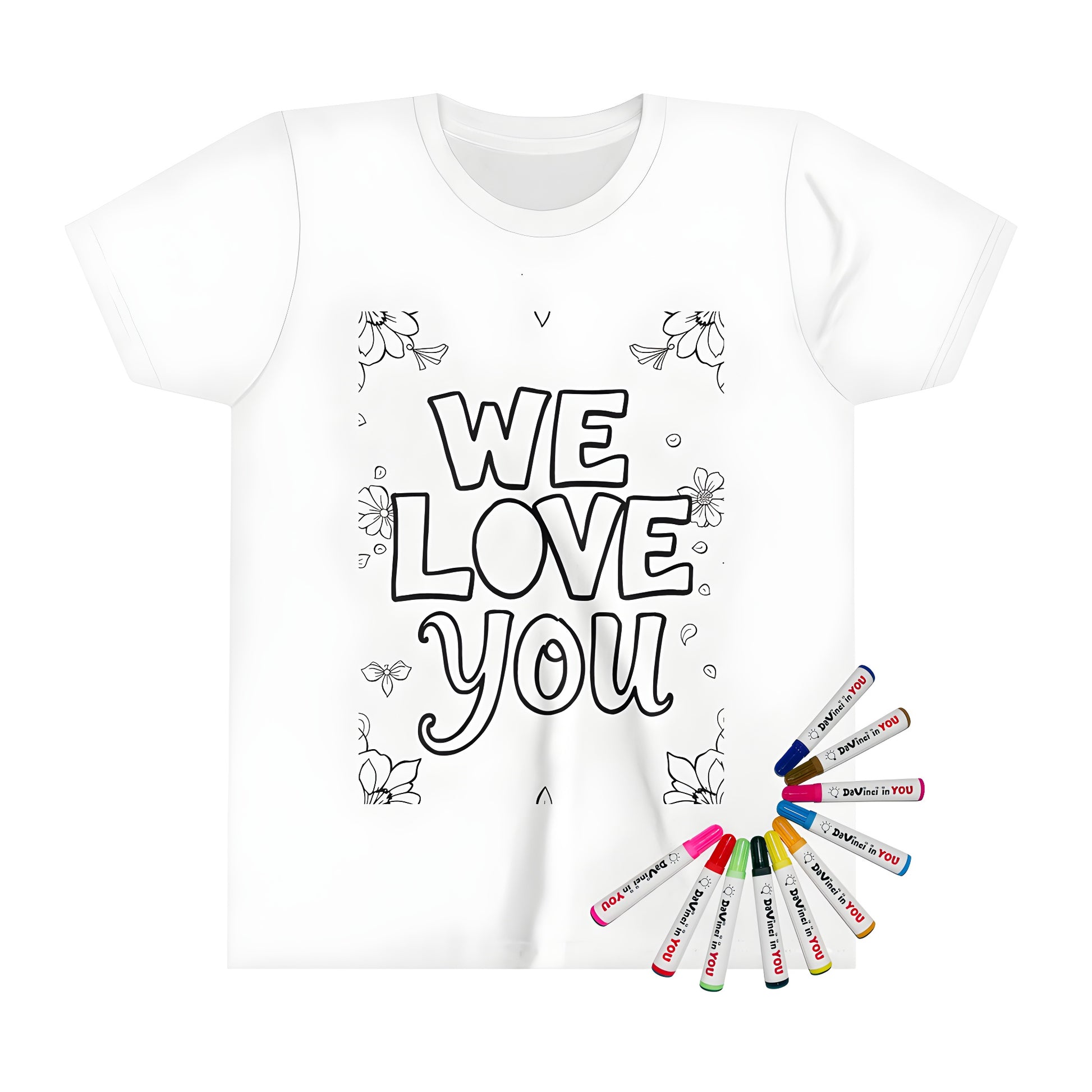 Colorful kids t-shirt design featuring 'WE LOVE YOU' text and floral patterns for a unique gift or present