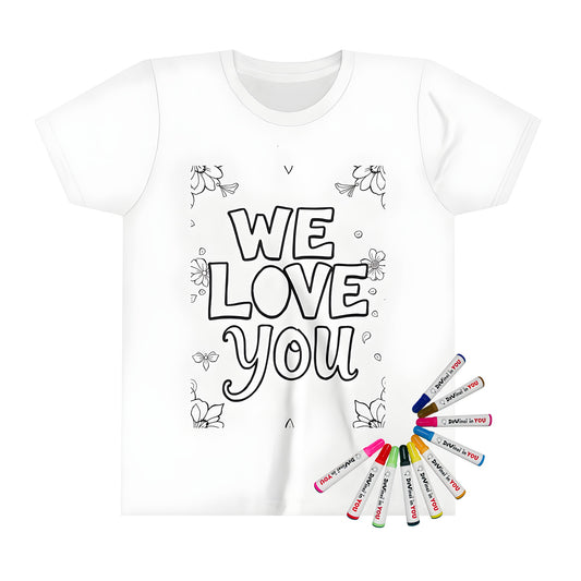 Colorful kids t-shirt design featuring 'WE LOVE YOU' text and floral patterns for a unique gift or present