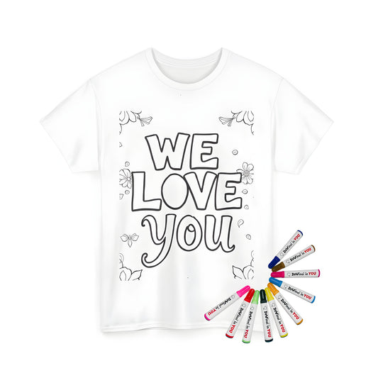 Coloring kit for unisex t-shirts with love message, featuring colorful fabric markers