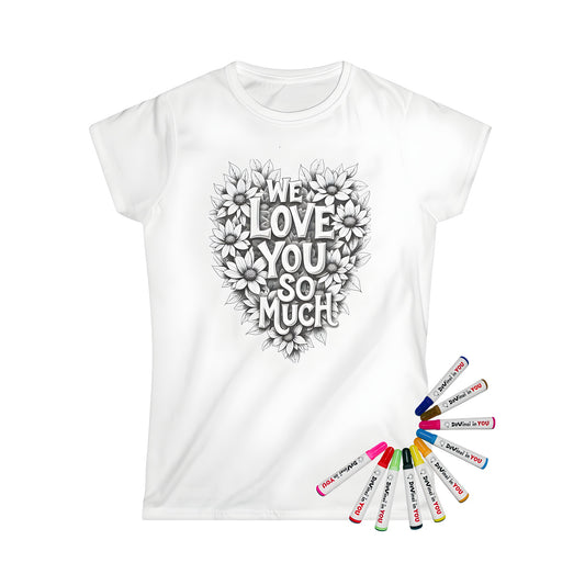 Women's t-shirt with colorful sunflower and heart-shaped design inspired by love message