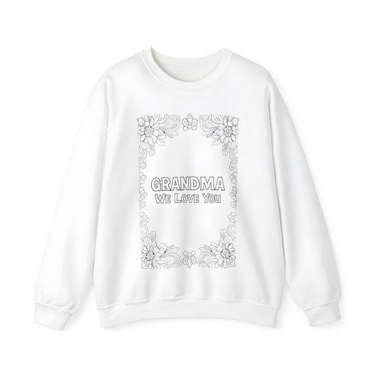 Adult sweatshirts with fun grandma love designs and coloring pages featuring floral borders and loving messages