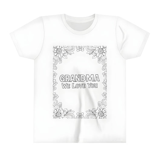 Grandma-themed t-shirt with colorful floral border and 'We Love You' text for kids