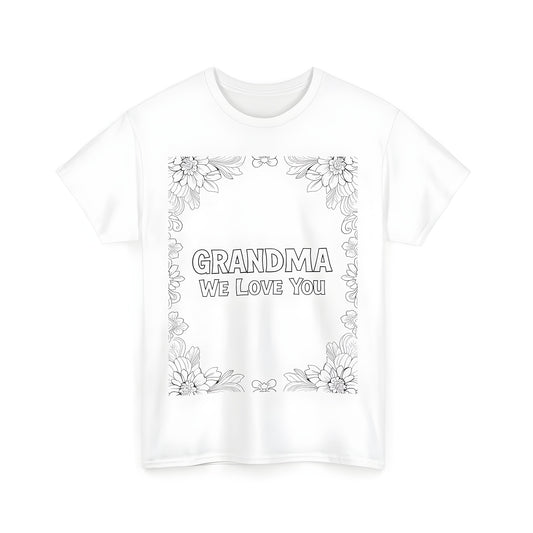 Unisex t-shirt with grandma love coloring page design featuring floral border and 'GRANDMA We Love You' text