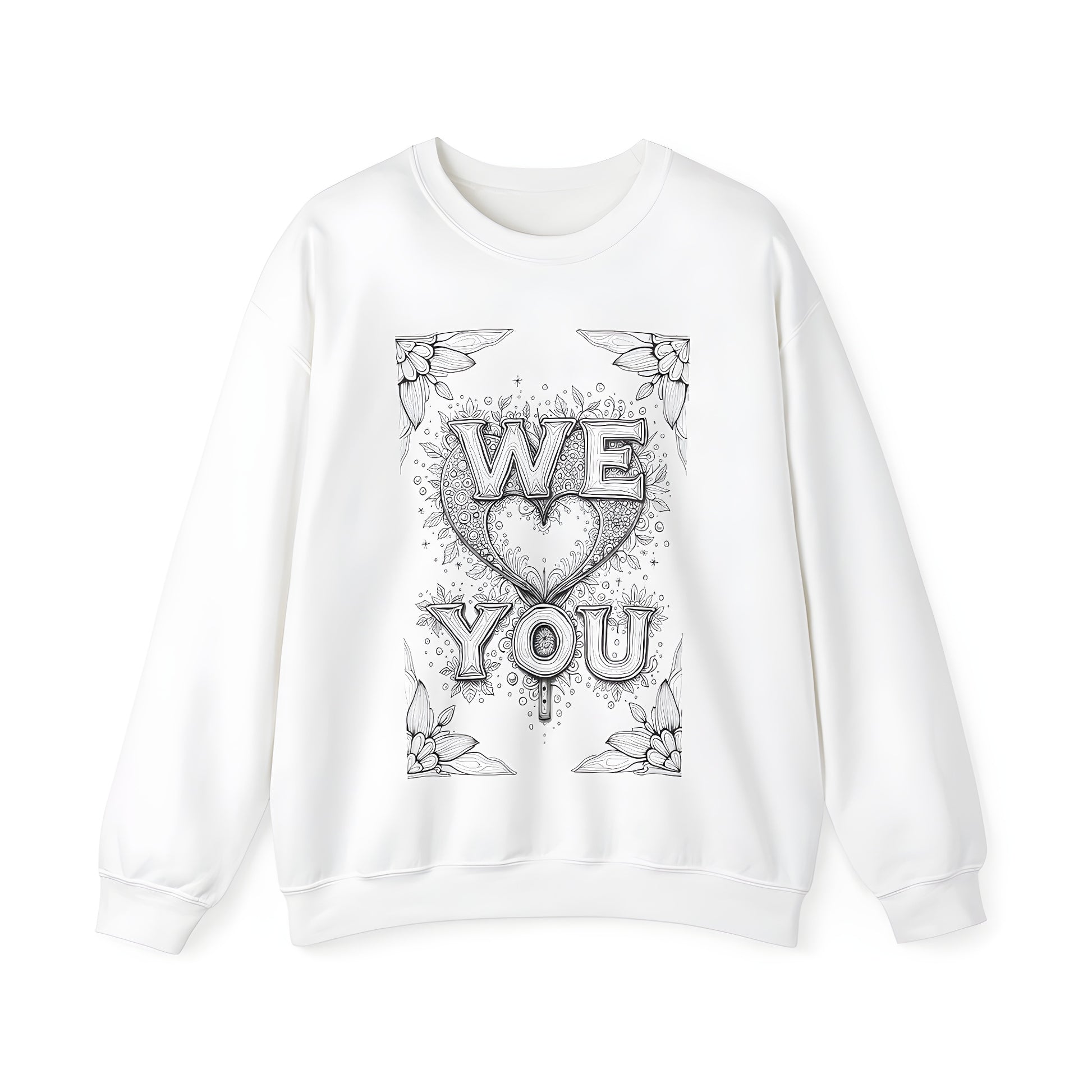 Adult sweatshirt with 'We Love You' coloring page design featuring hearts, flowers, and leaves