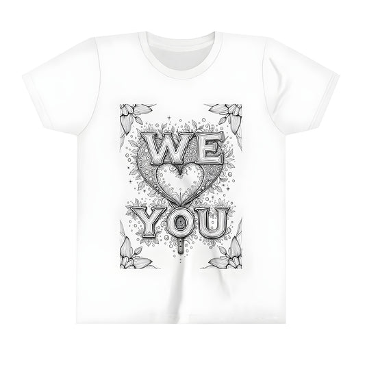 A kid's t-shirt featuring a cute 'We Love You' design with hearts, flowers, and leaves in black and white, perfect for kids to color. Includes 10 fabric markers.