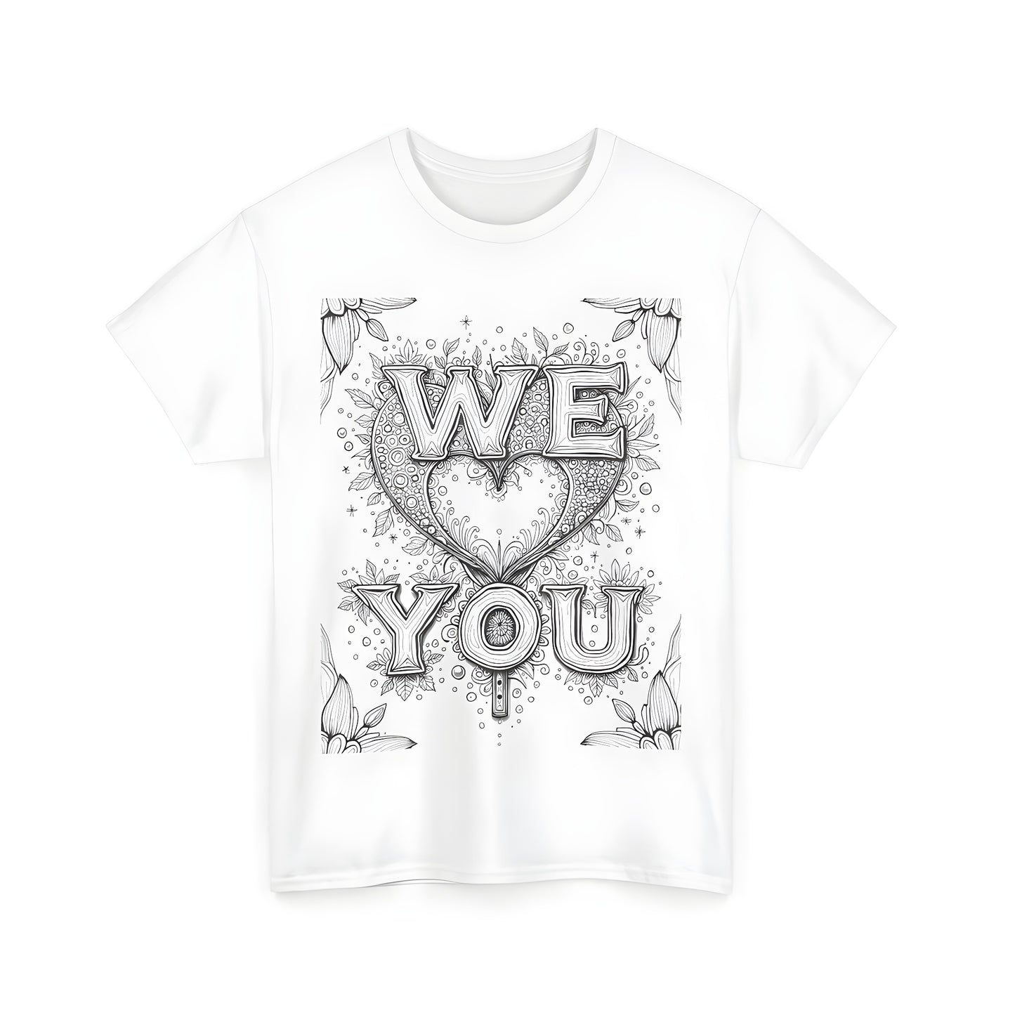 Coloring page design on unisex t-shirt featuring affectionate theme with hearts, flowers and leaves