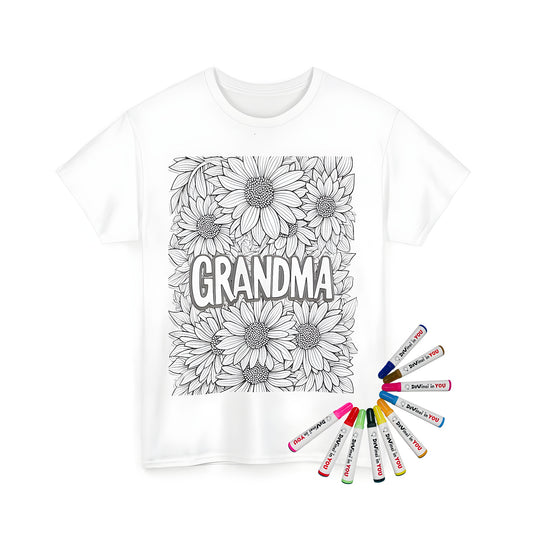 Detailed black and white coloring page on unisex tee, featuring sunflower fields, grandma written in center