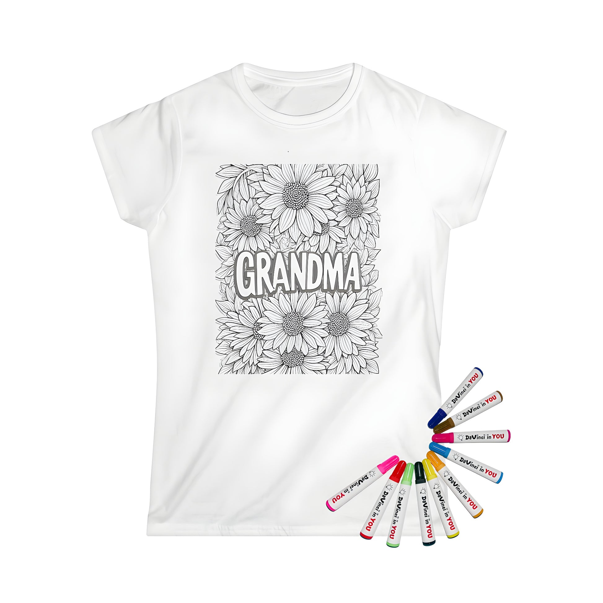 A close-up of a women's t-shirt featuring a colorful sunflower design, detailed and intricate, with the word 'GRANDMA' written in bold letters across the center