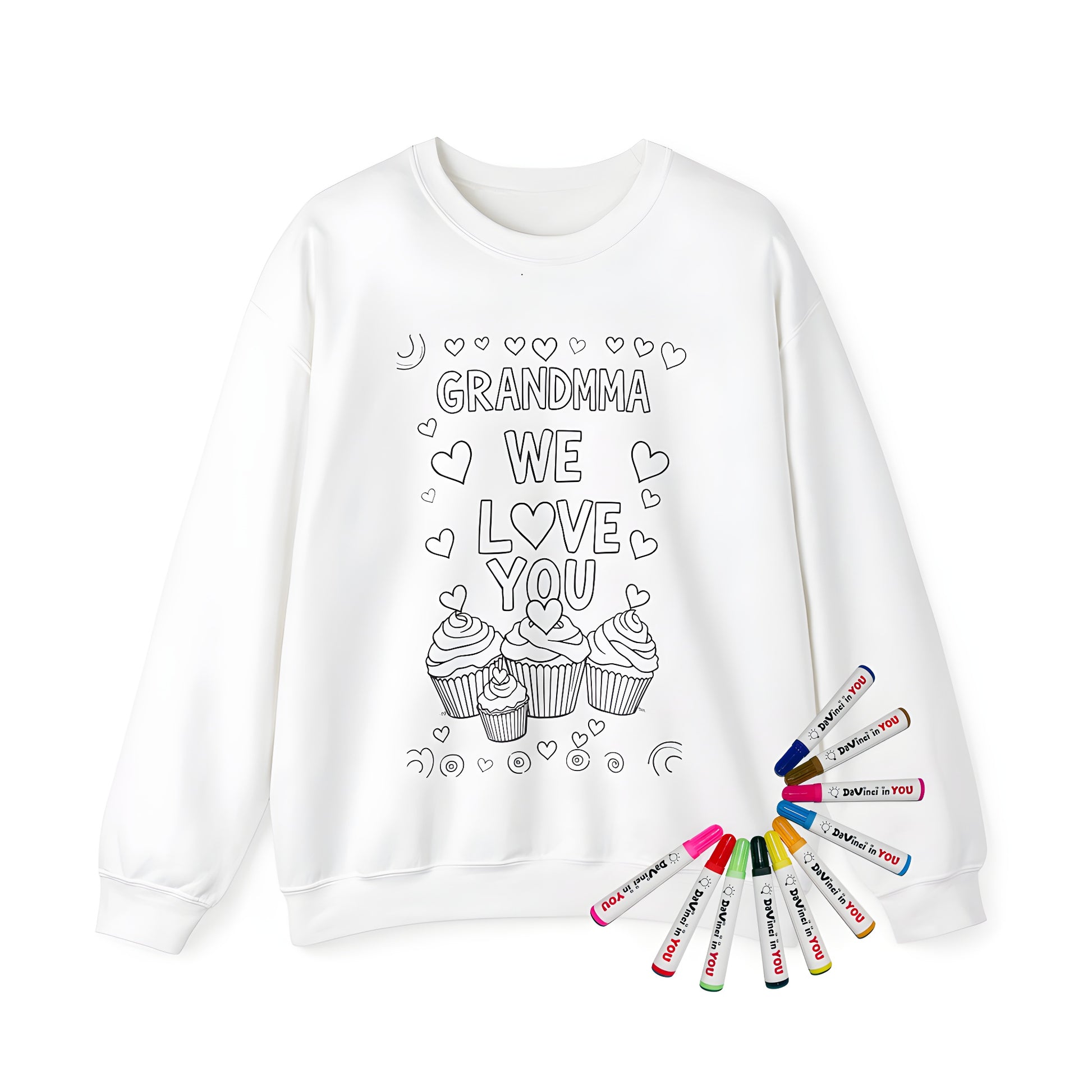 Adult sweatshirt with Grandma We Love You design, featuring hearts and cupcakes - perfect for Grandmother appreciation gifts