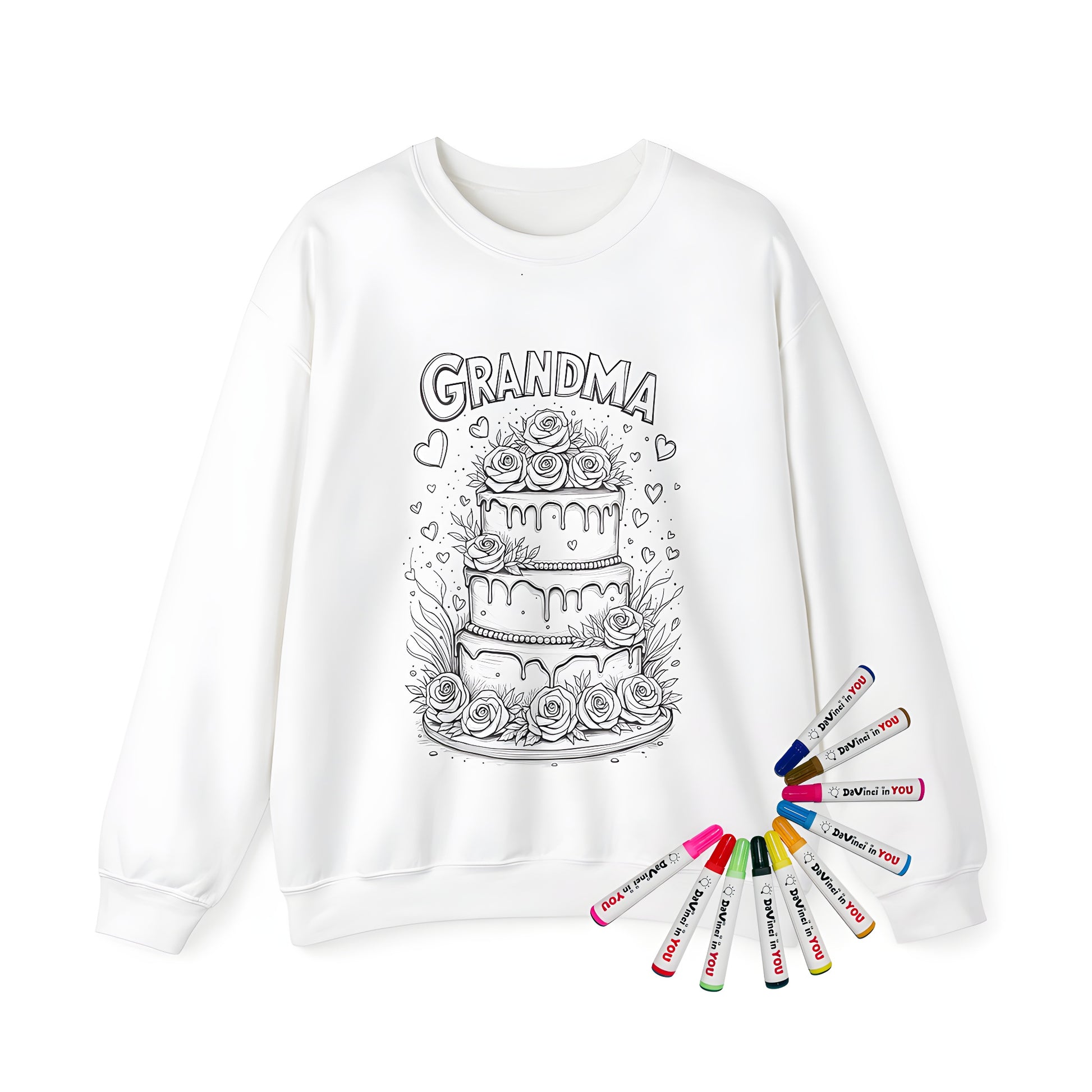 Adult sweatshirt with colorful cake design featuring 'Grandma', surrounded by hearts and leaves