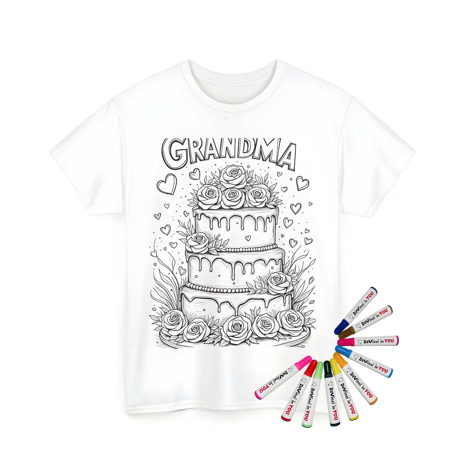 Grandma themed coloring t-shirt with vibrant cake design