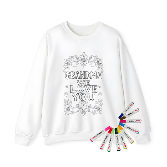 Adorable adult sweatshirts with customized Grandma We Love You coloring page design and vibrant floral patterns