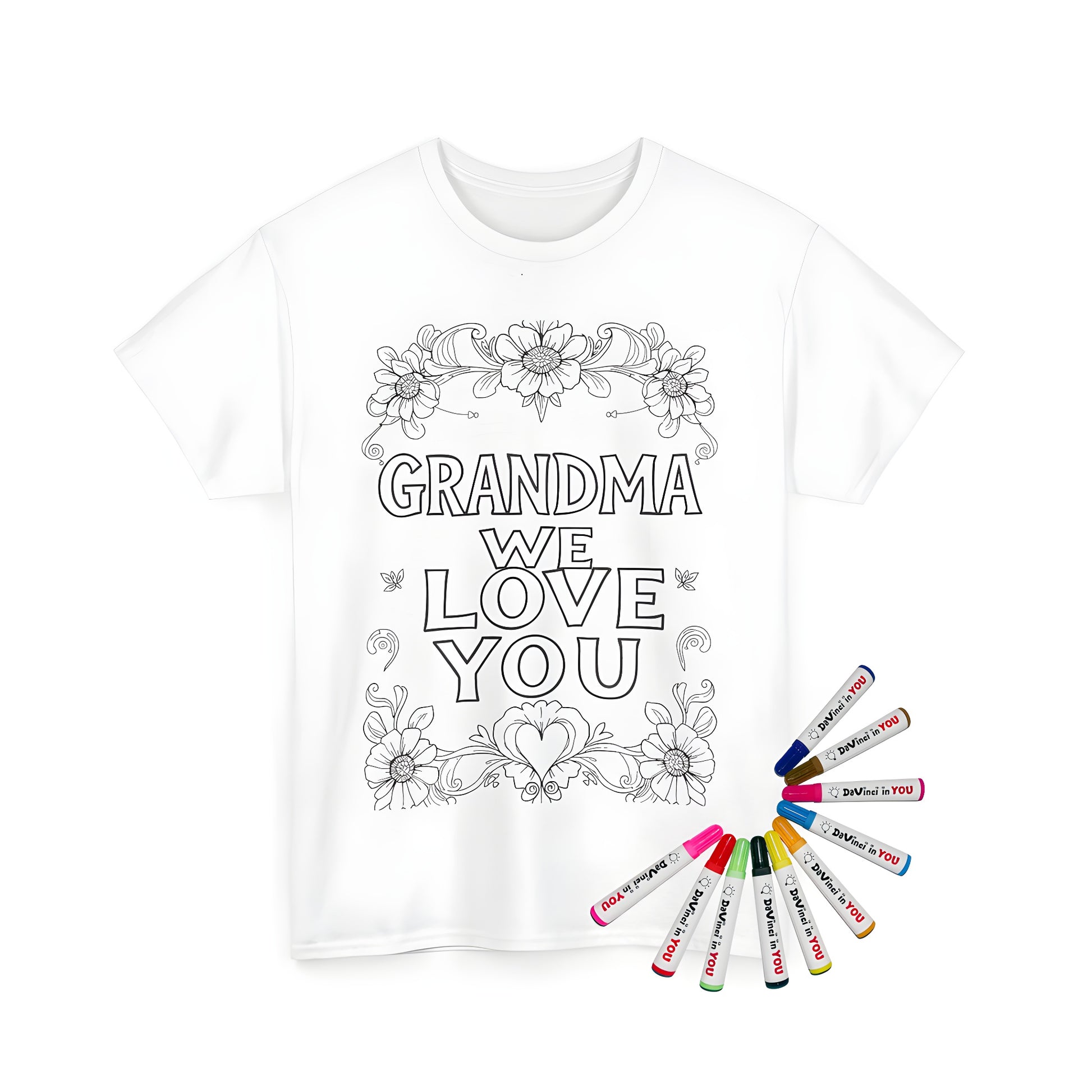 Unisex t-shirt coloring kit with grandma-themed design and fabric markers