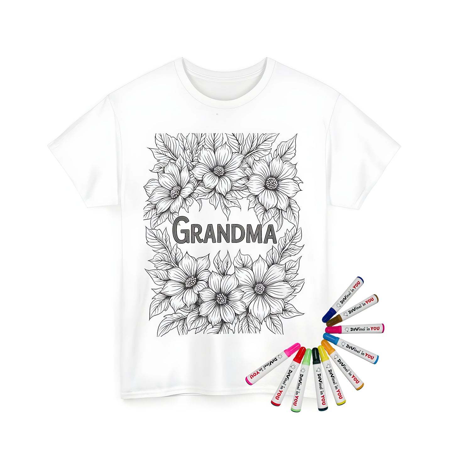 Unisex t-shirt featuring floral artwork with flowers, leaves, and Grandma design