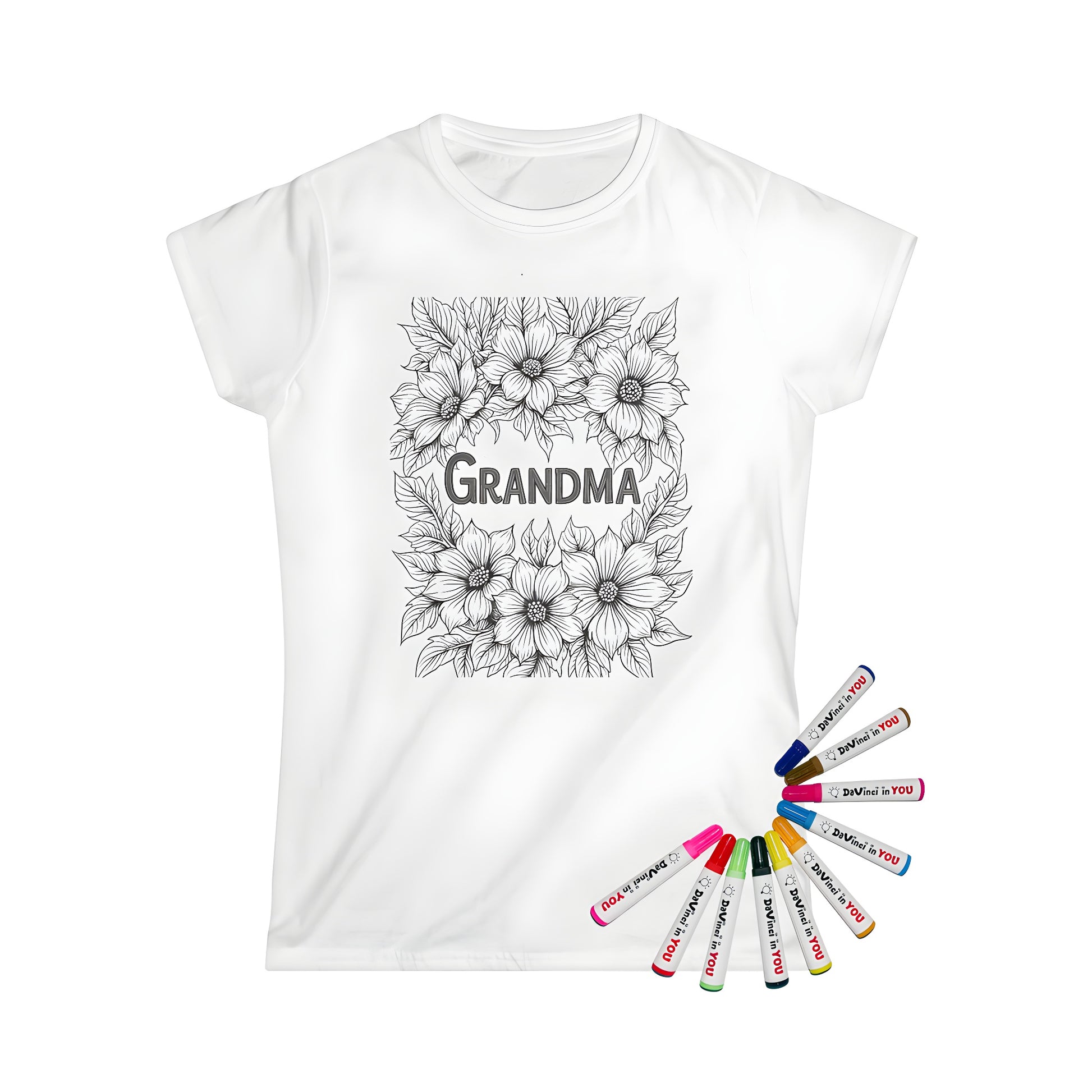 Coloring kit for women's t-shirts featuring floral artwork design with flowers and leaves pattern, including fabric markers for adult coloring