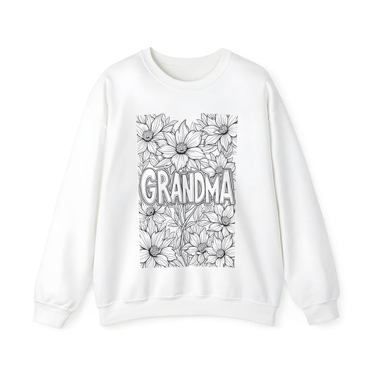 Adult Sweatshirt with colorful Grandma design, featuring a detailed black-and-white coloring page illustration amidst a background of large flowers. Includes fabric markers.