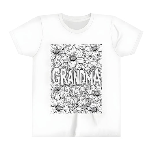 Kid's t-shirt with grandma design, coloring page fabric markers and large flowers illustration