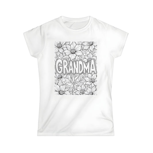 Women's t-shirt with grandma design, featuring a detailed black-and-white coloring page background with large flowers and 'GRANDMA' text.