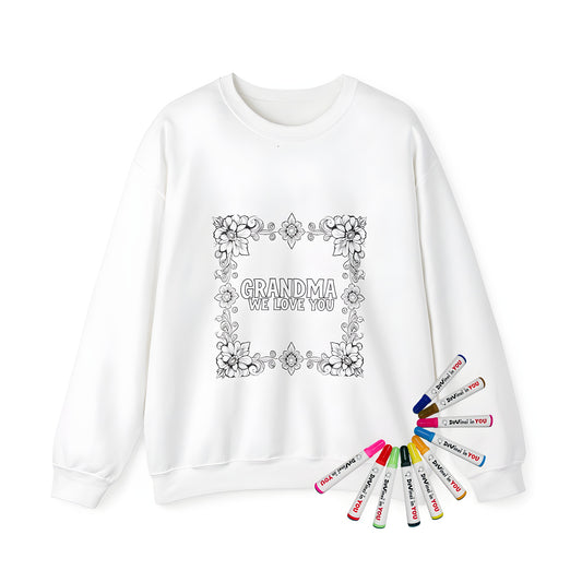 Adult sweatshirt featuring a black and white floral border design with 'GRANDMA WE LOVE YOU' printed in the center