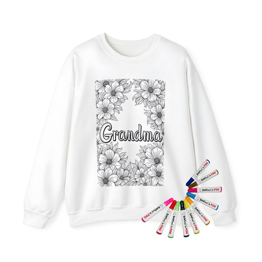 Adult sweatshirt with grandma-themed coloring page design featuring black and white floral pattern, surrounded by large blooming flowers