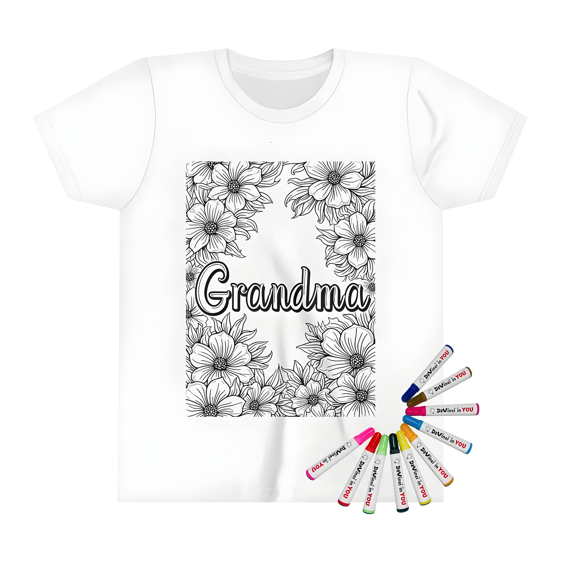 Coloring shirt for kids with Grandma design, Black and white floral pattern