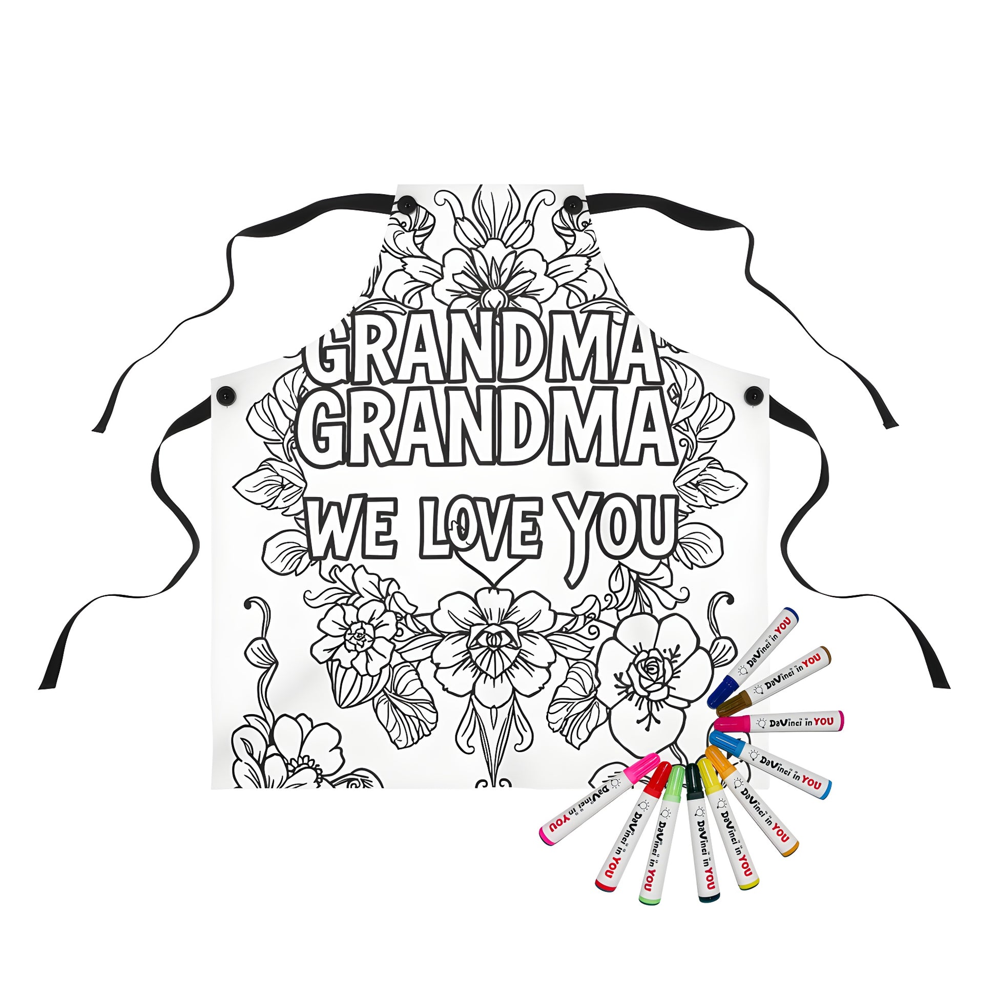 Colorful apron featuring a floral-themed coloring page with 'GRANDMA WE LOVE YOU' and flowers design, perfect for grandma appreciation gifts