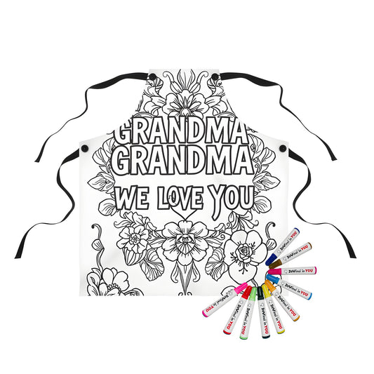 Colorful apron featuring a floral-themed coloring page with 'GRANDMA WE LOVE YOU' and flowers design, perfect for grandma appreciation gifts