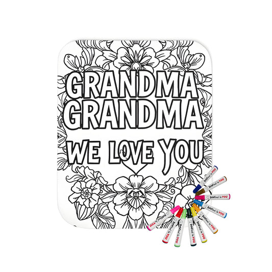 Cozy blanket featuring a floral-themed design with 'GRANDMA GRANDMA WE LOVE YOU' and colorful flowers, perfect for grandma appreciation gifts