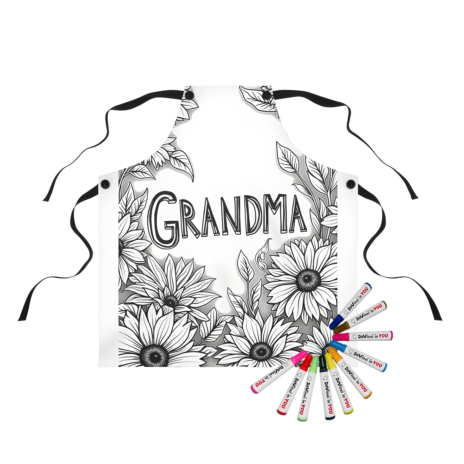 Apron with colorful Sunflower design and Grandma's name, ideal for customizing with fabric markers