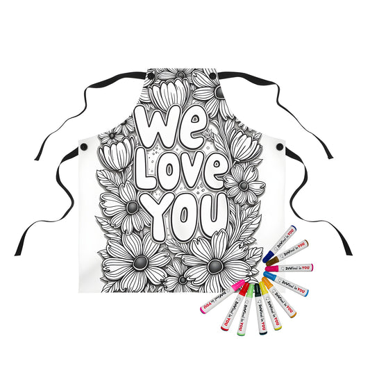 Coloring apron with lovely flower designs inspired by daffodils, posies, and floral motifs