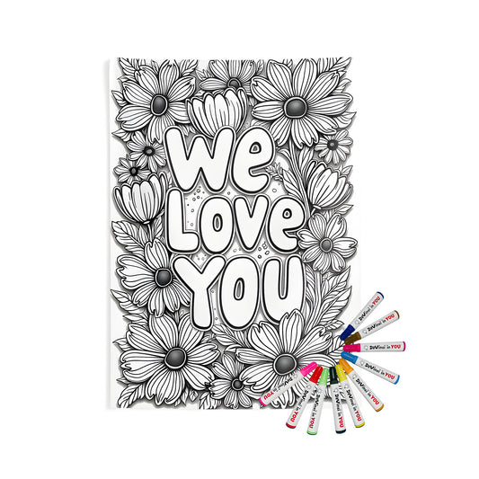 Indoor wall tapestry artwork featuring a grayscale coloring page design with 'We Love You' text framed by delicate flower illustrations, similar to sunflowers, carnations or posies