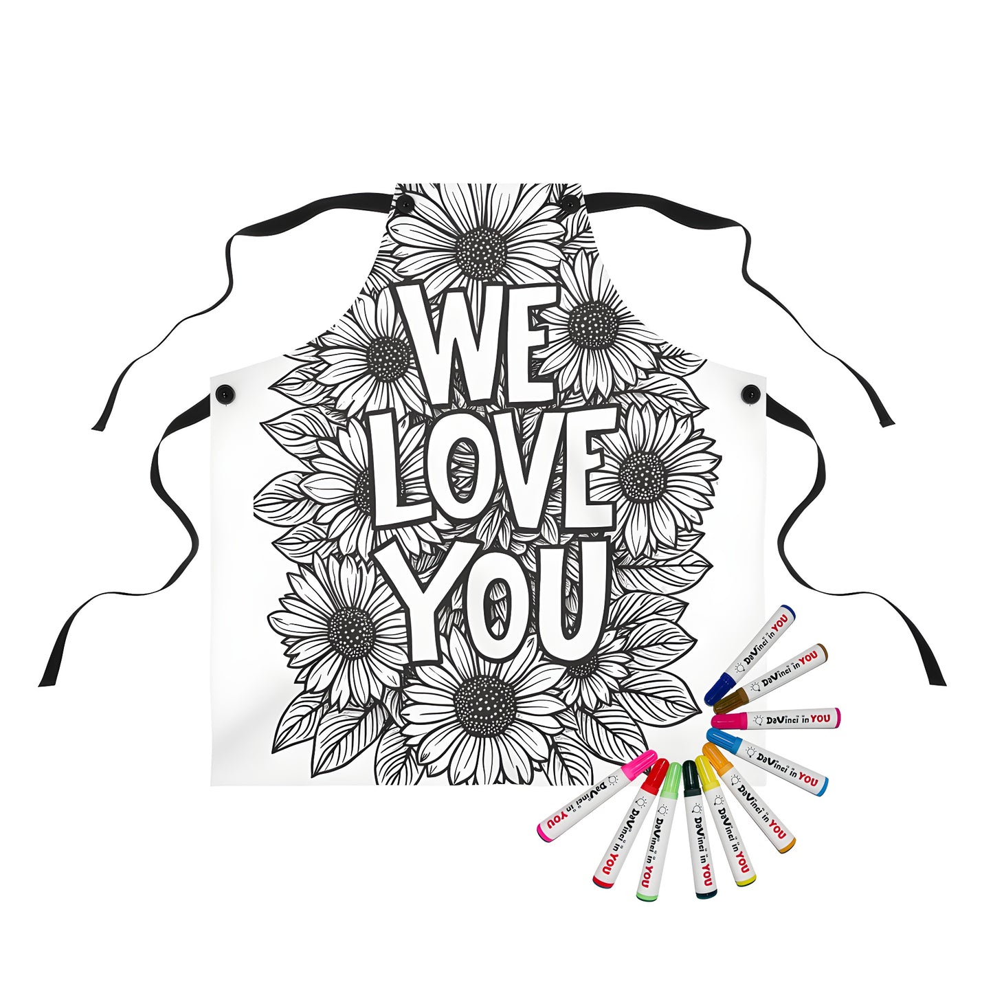 Black and White Floral Coloring Page Apron with Sunflower Design and Love Quote