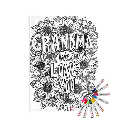 A beautiful black-and-white floral indoor wall tapestry with large text 'Grandma we love you' surrounded by daisies