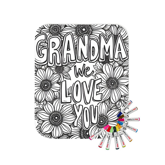 Cozy blanket with a heartfelt 'Grandma we love you' design, featuring large black-and-white floral patterns and surrounded by daisies, perfect for grandmotherly appreciation gifts