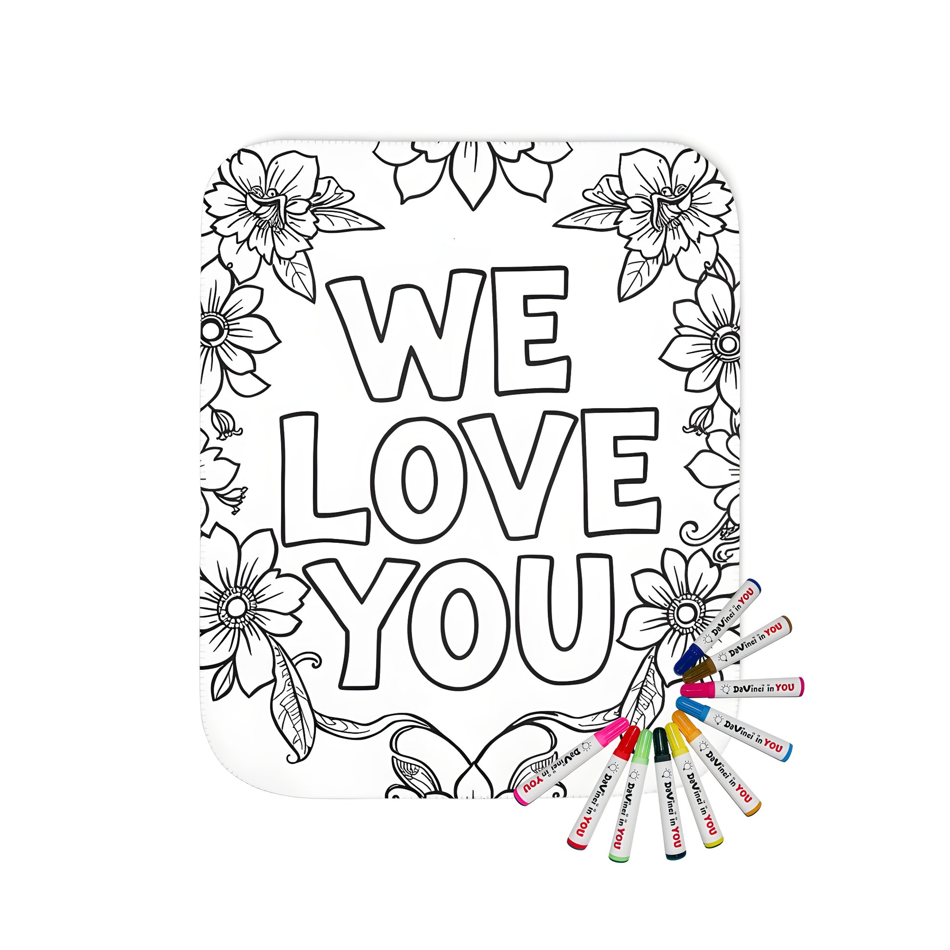 A colorful blanket with a floral message design, featuring detailed illustrations of flowers, leaves, and other nature elements. The phrase 'WE LOVE YOU' is prominently displayed in the center, surrounded by intricate floral patterns.