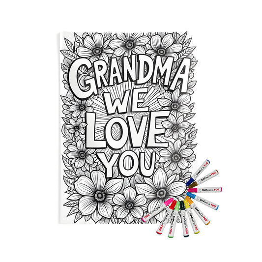 Coloring kit for grandma with fabric markers and indoor wall tapestry design featuring 'Grandma We Love You' surrounded by flowers