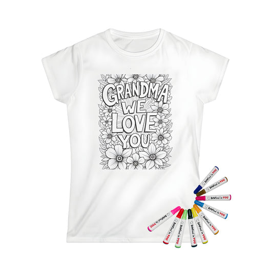 Women's t-shirts with grandma designs, coloring kits, and fabric markers for a fun craft activity