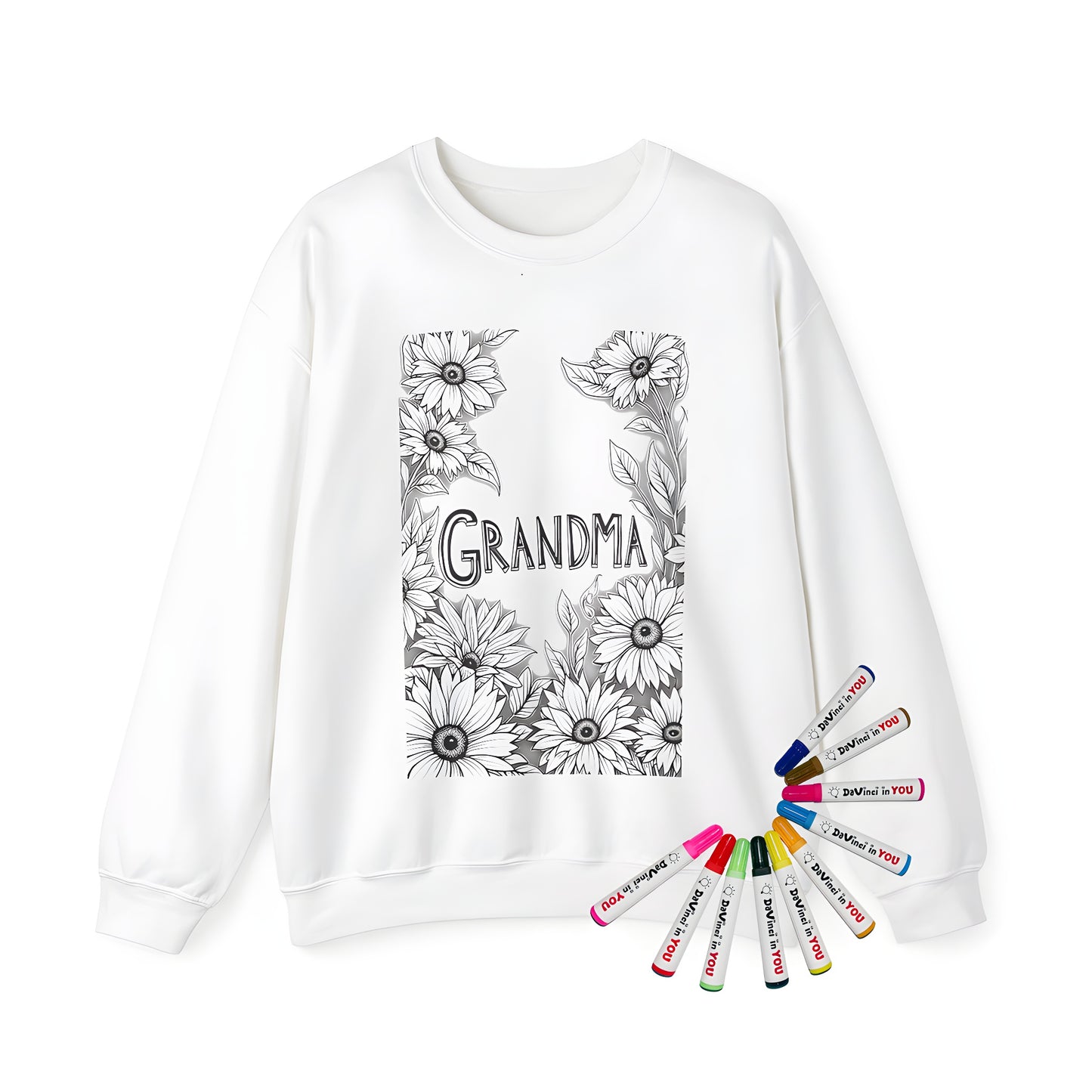 Adult sweatshirt with colorful sunflower artwork featuring grandma's quote