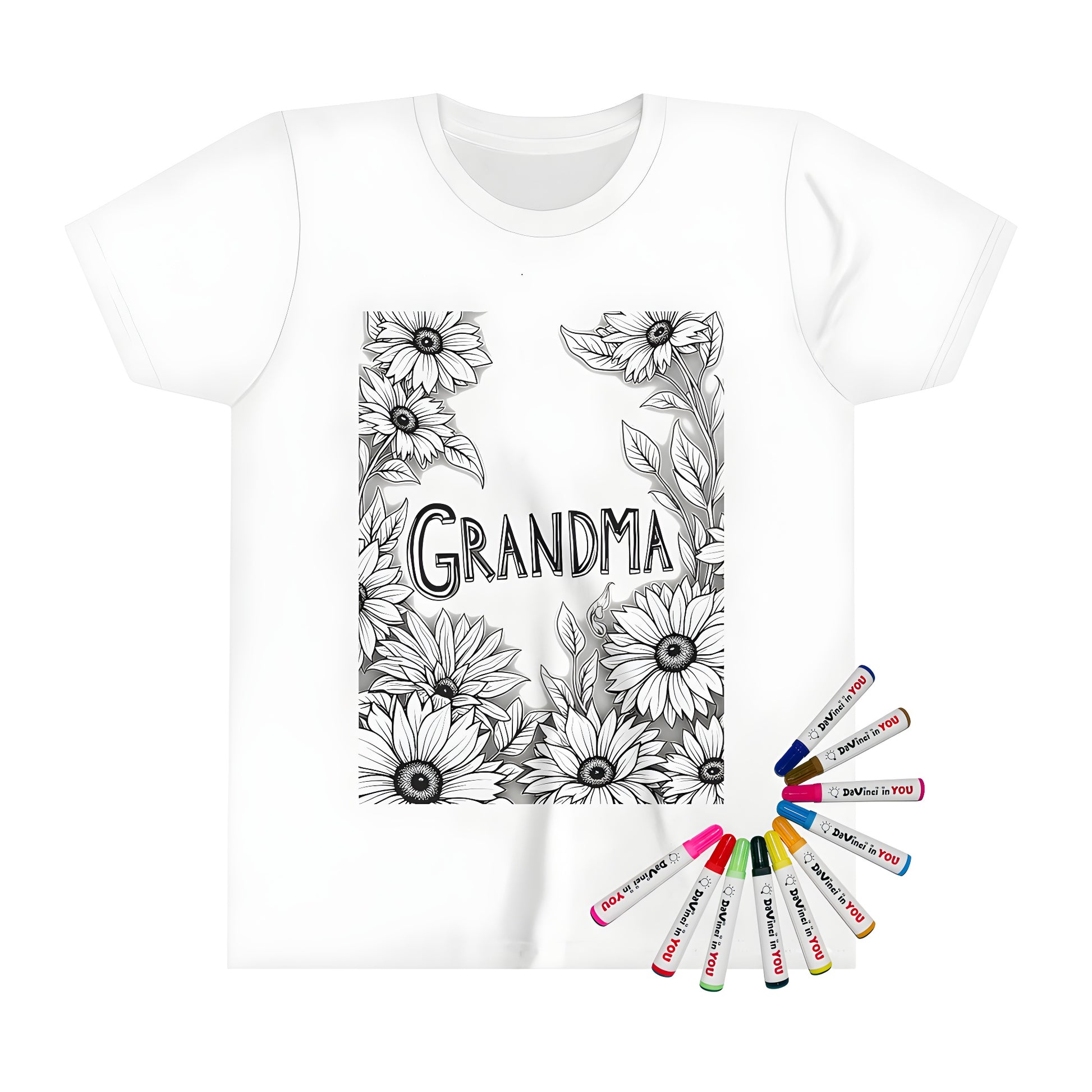 Colorful kid's t-shirt featuring a black and white illustration of 'GRANDMA' surrounded by detailed sunflower designs and foliage