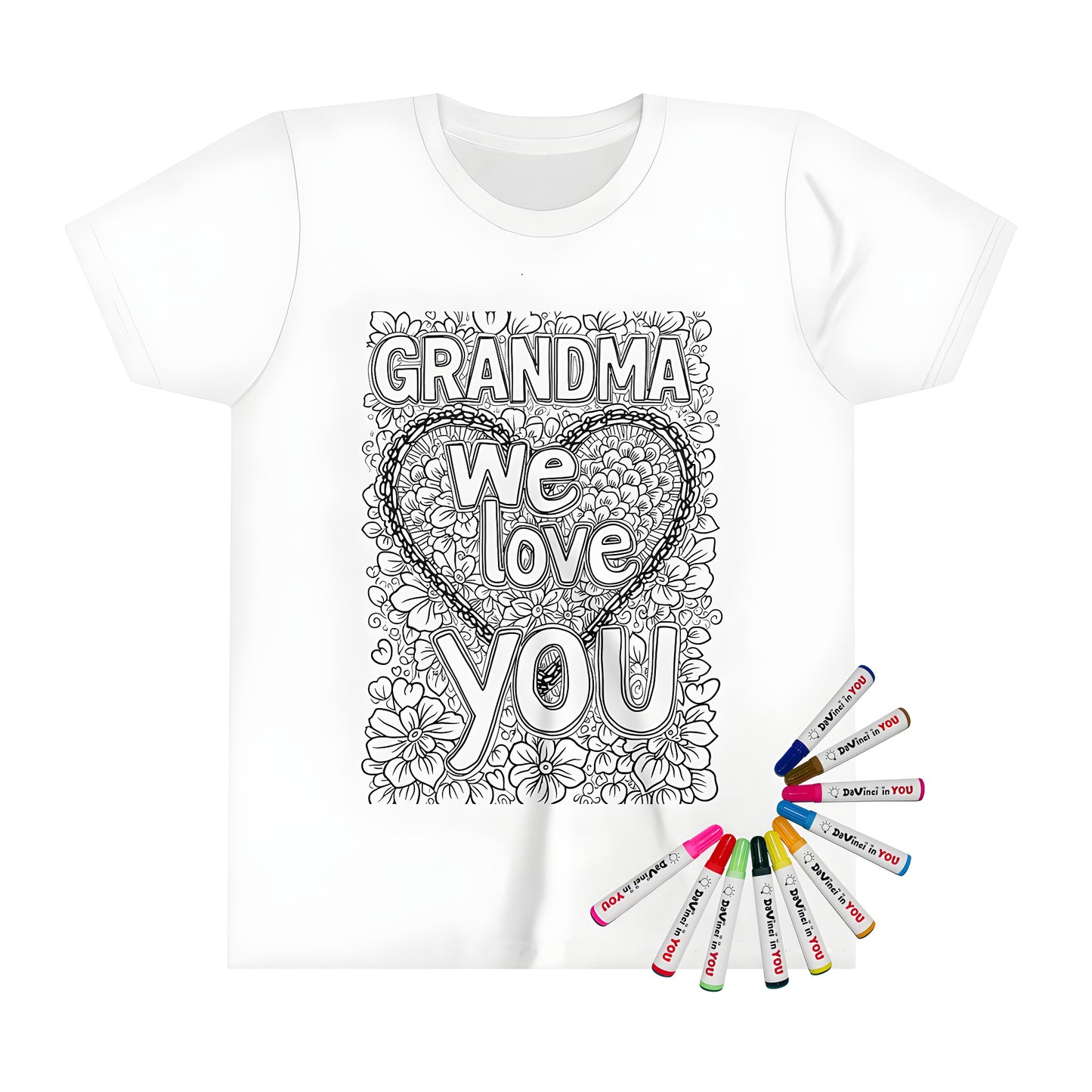 Kid's t-shirt featuring grandma love coloring page design with fabric markers