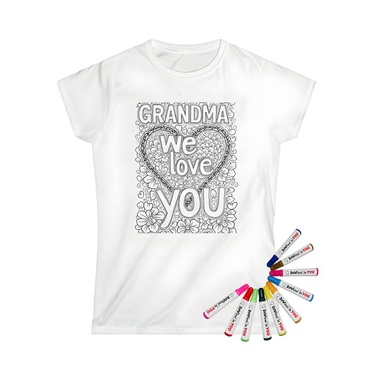 Women's T-Shirt featuring a Black & White coloring page design with 'GRANDMA we love YOU' text and floral patterns